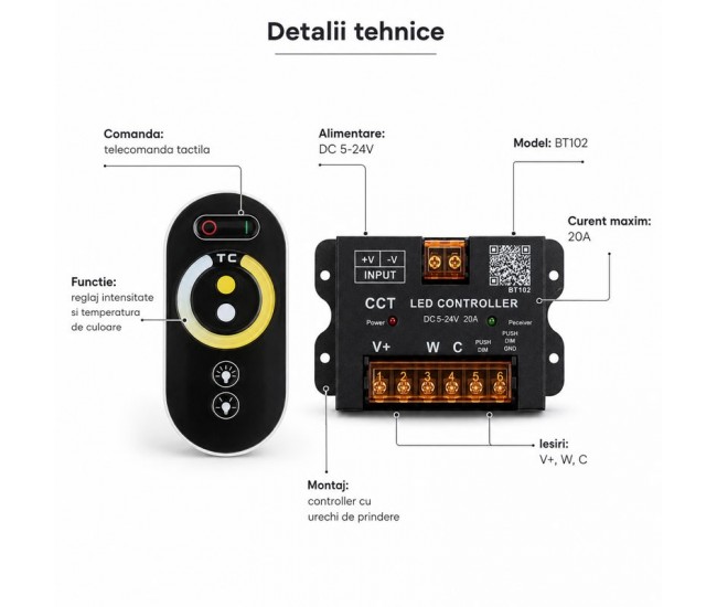 Controler LED CCT 5-24V 20A Bluetooth pentru Banda LED Alb Cald Rece BT102