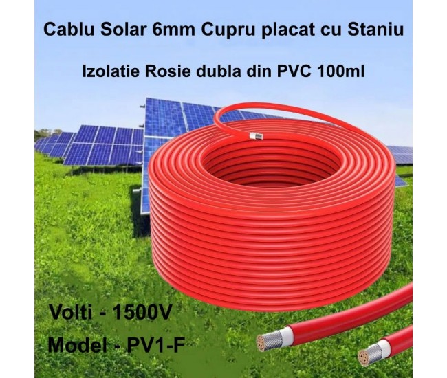 Cablu Solar 6mm Rosu PV1-F din Cupru placat cu Staniu si Izolatie Dubla din PVC, 100ml/Rol