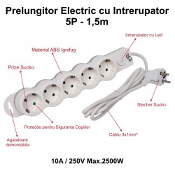 Prelungitor Electric cu Intrerupator, 5 Prize si Protectie Copii, Cablu 3x1mm / 1,5m Prelungitor Electric cu Intrerupator, 5 Prize si Protectie Copii, Cablu 3x1mm / 1,5m