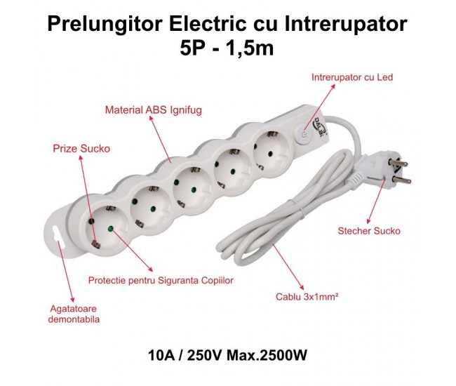 Prelungitor Electric cu Intrerupator, 5 Prize si Protectie Copii, Cablu 3x1mm / 1,5m
