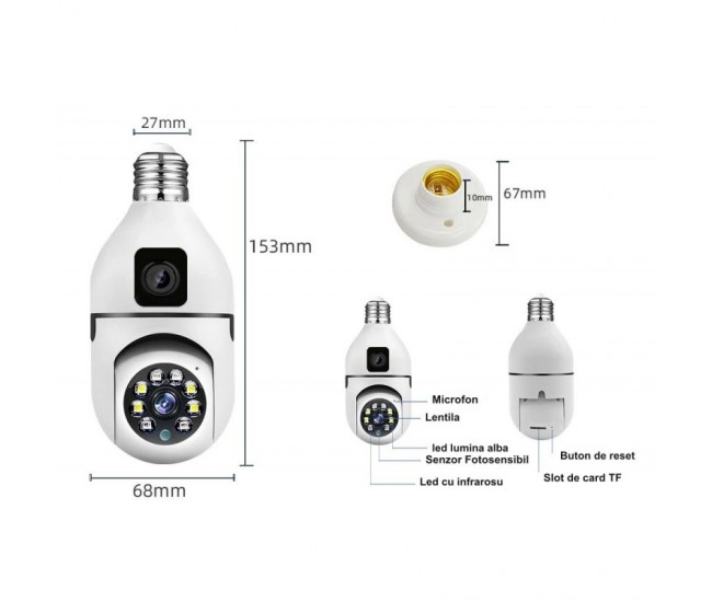 Camera de Supraveghere cu IP, Dual View PTZ 360˚ si Fixa - E27 / V380 Pro