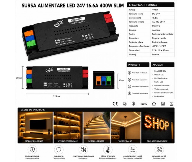 Sursa Alimentare LED 24V 400W 16.6A Slim cu Conectare Rapida Push-In DALBI