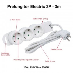 Prelungitor Electric 3 Prize si Protectie Copii, Cablu 3x1mm / 3m Prelungitor Electric 3 Prize si Protectie Copii, Cablu 3x1mm / 3m