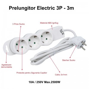 Prelungitor Electric 3 Prize si Protectie Copii, Cablu 3x1mm / 3m