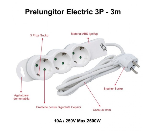 Prelungitor Electric 3 Prize si Protectie Copii, Cablu 3x1mm / 3m