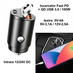 Incarcator Auto Slim Tip C Fast / Usb-PD - 100W-CC-326 Incarcator Auto Slim Tip C Fast / Usb-PD - 100W-CC-326