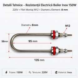 Rezistenta Boiler Inox 150W 220V Filet M12 Element 8mm Tip U