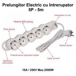 Prelungitor Electric cu Intrerupator, 5 Prize si Protectie Copii, Cablu 3x1mm / 5m Prelungitor Electric cu Intrerupator, 5 Prize si Protectie Copii, Cablu 3x1mm / 5m