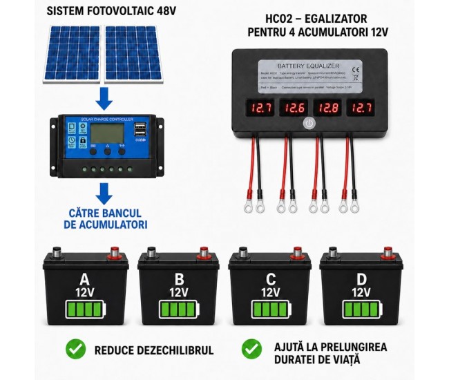 Egalizator Acumulatori 48V cu 4 Afișaje LED pentru 4 Baterii 12V HC02 DALBI