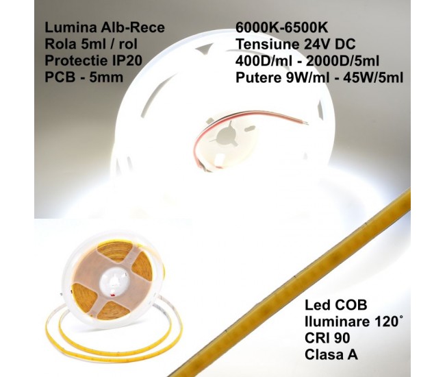 Banda led Cob 5mm - 400Led/m DC 24V - 9W/m IP20 Lumina Alb-Rece 6500K - 5m/Rol