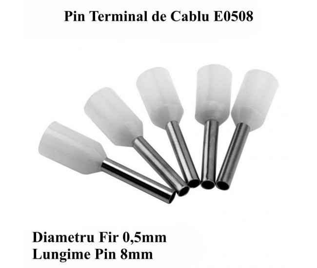 Pin Terminal de Cablu E0508 Alb, 100Buc/Set