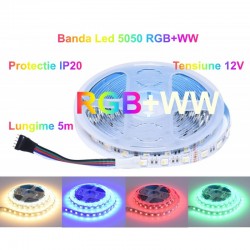 Banda Led 5050 - DC12V / 8W/m - 60Led/m Interior IP20, RGBWW - 5m/rola Banda Led 5050 - DC12V / 8W/m - 60Led/m Interior IP20, RGBWW - 5m/rola