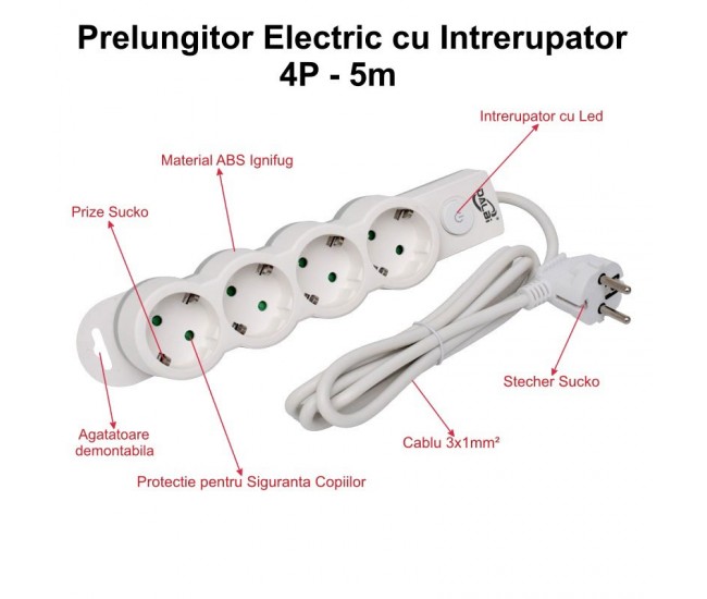 Prelungitor Electric cu Intrerupator, 4 Prize si Protectie Copii, Cablu 3x1mm / 5m