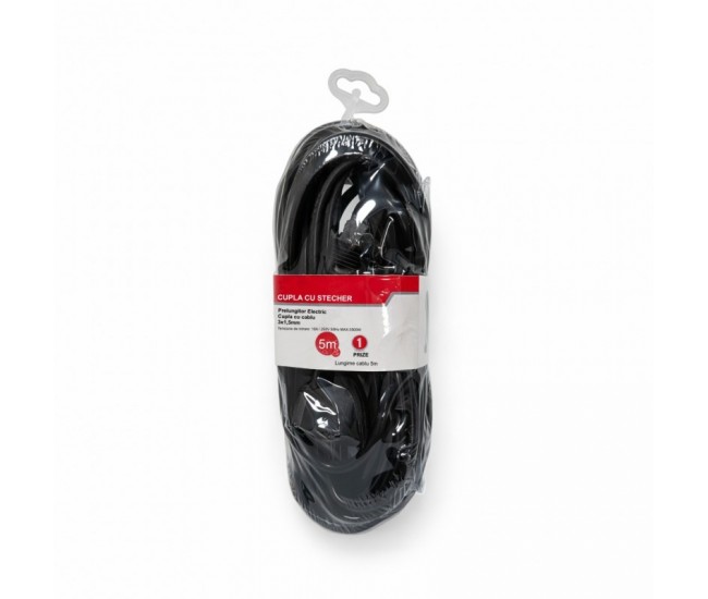 Prelungitor negru 3x1,5mm², lungime 5m, cu stecher si cupla cauciucata, 250V AC 10A, 2500W