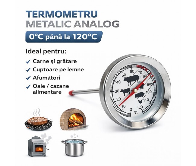 Termometru Metalic Analog cu Tija 0–120 grade Celsius pentru Gratar, Cuptor si Afumatoare - HoReCa | DALBI