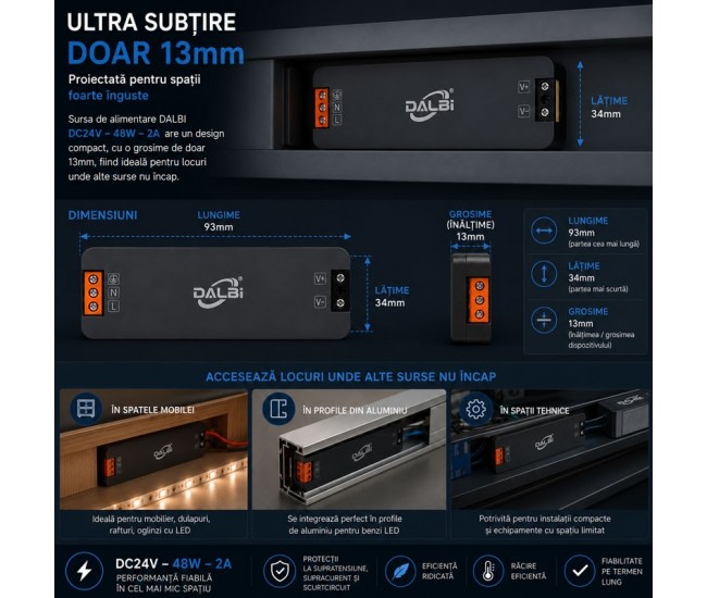 Sursa Alimentare LED 24V 48W 2A Ultra Slim 13mm DALBI