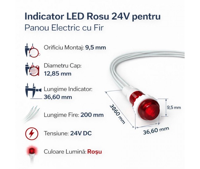 Indicator LED Rosu 24V DC Panou 9,5mm cu Fire 20Cm, Set 10 Bucati
