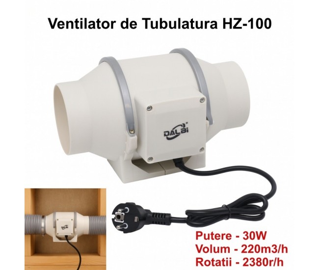 Ventilator Profesional pentru Tubulatura in Linie HZ-100, Putere 30W, Debit 220m3/h, Ø100mm - Dalbi HZ-100