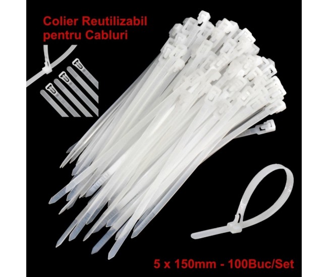 Colier de Plastic Reutilizabil 5x150mm Alb  - 100Buc/Set