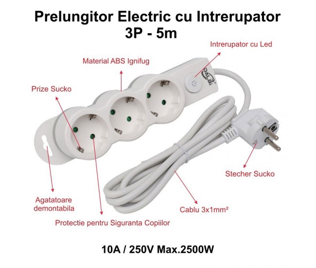 Prelungitor Electric cu Intrerupator, 3 Prize si Protectie Copii, Cablu 3x1mm / 5m