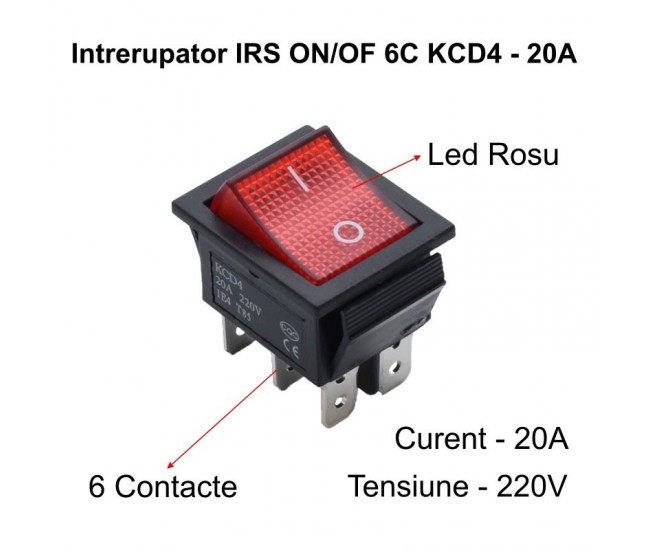Intrerupator IRS Lat 20A Led Rosu 6P ON/OF KCD4