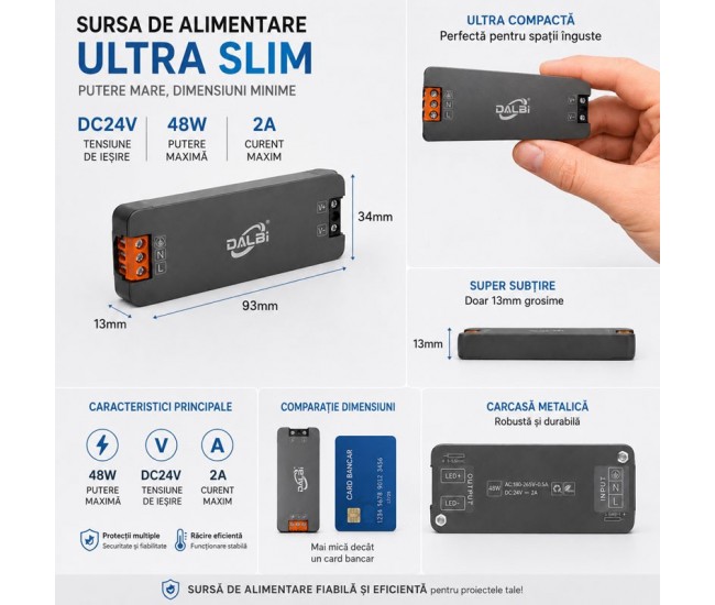 Sursa Alimentare LED 24V 48W 2A Ultra Slim 13mm DALBI