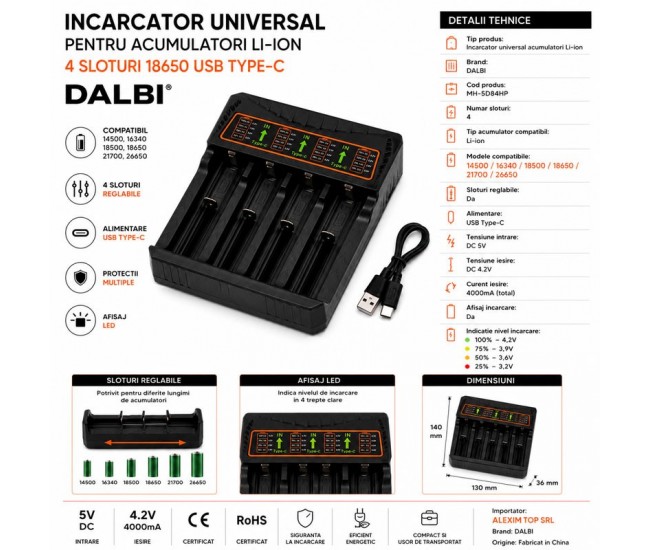 Incarcator Universal pentru Acumulatori Li-ion 4 Sloturi 18650 USB Type-C DALBI