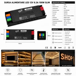 Sursa Alimentare LED 12V 100W 8.3A Slim cu Conectare Rapida Push-In, Carcasa Aluminiu DALBI