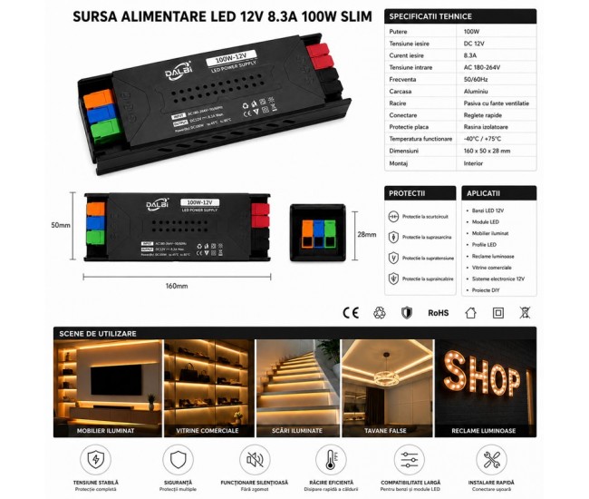 Sursa Alimentare LED 12V 100W 8.3A Slim cu Conectare Rapida Push-In, Carcasa Aluminiu DALBI