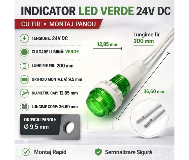Indicator LED Verde 24V DC Panou 9,5mm cu Fire 20cm Set 10 Bucati