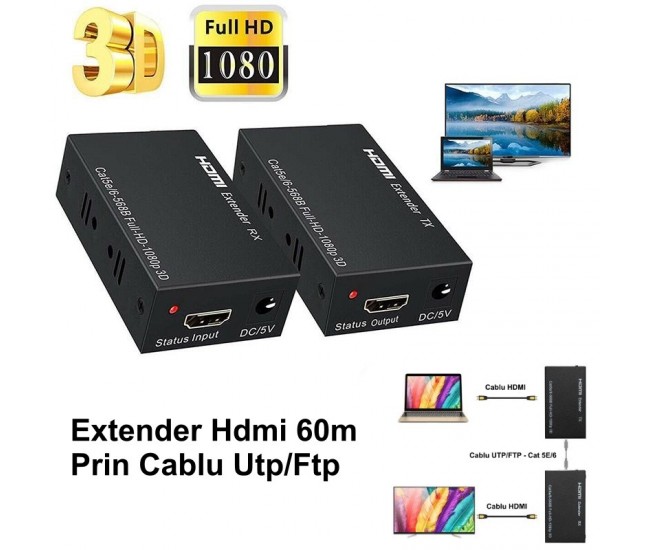 Extender HDMI 60m, prin Utp/Ftp Cat 5E/6