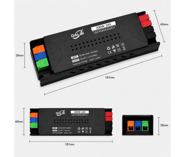 Sursa Alimentare LED 24V 200W 8.3A Slim cu Conectare Rapida Push-In DALBI