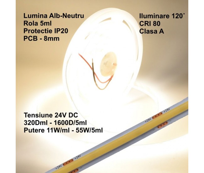 Banda Cob Led 24V - 8MM / 320led/ml - 11W/ml, Lumina Alb-Natural 4500K - 1200lm - Interior IP20 - 5m/rol