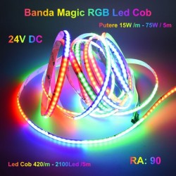 Banda Cob Led Digital Magic RGB 420D - 24V-10mm, Putere 15W/m - Luminozitate RA 90 - Protectie IP 20 - Rola 5m