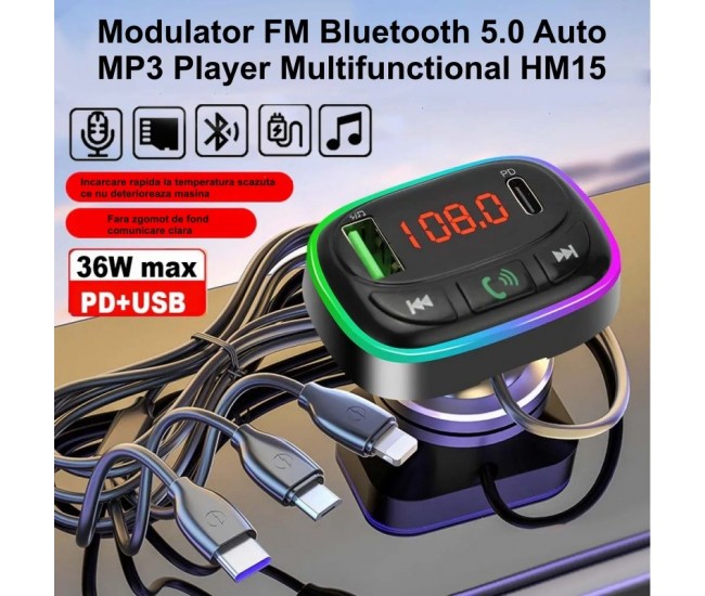 Modulator FM Auto cu Bluetooth 5.0 / MP3 Player Multifunctional HM15