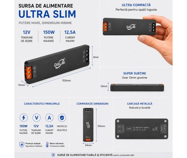 Sursa Alimentare LED 12V 150W 12.5A Ultra Slim 13mm DALBI