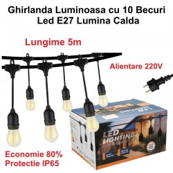 Ghirlanda Luminoasa 5 metri cu 10 Becuri Led E27 Lumina Calda, Alimentare 220V Ghirlanda Luminoasa 5 metri cu 10 Becuri Led E27 Lumina Calda, Alimentare 220V