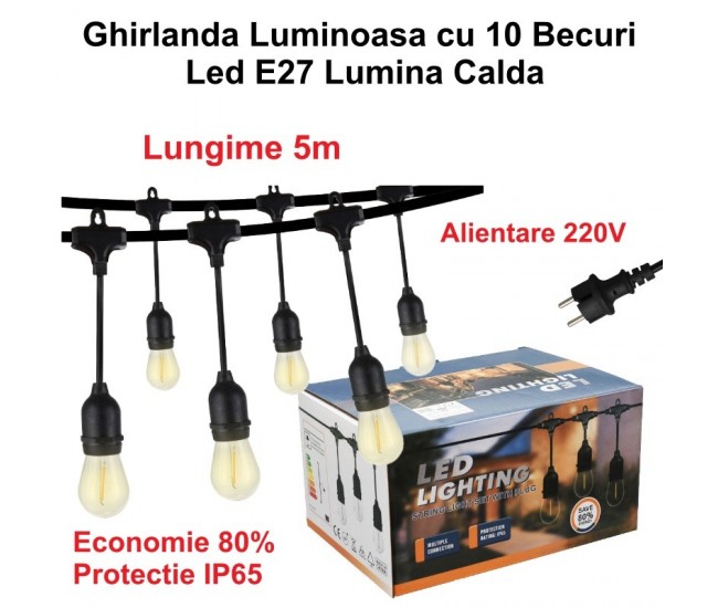 Ghirlanda Luminoasa 5 metri cu 10 Becuri Led E27 Lumina Calda, Alimentare 220V