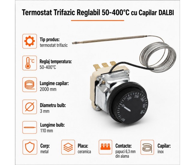 Termostat Trifazic Reglabil 50-400°C cu Capilar DALBI