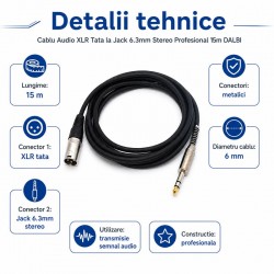 Cablu Audio XLR Tata la Jack 6.3mm Stereo Profesional 15m DALBI