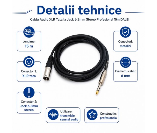 Cablu Audio XLR Tata la Jack 6.3mm Stereo Profesional 15m DALBI