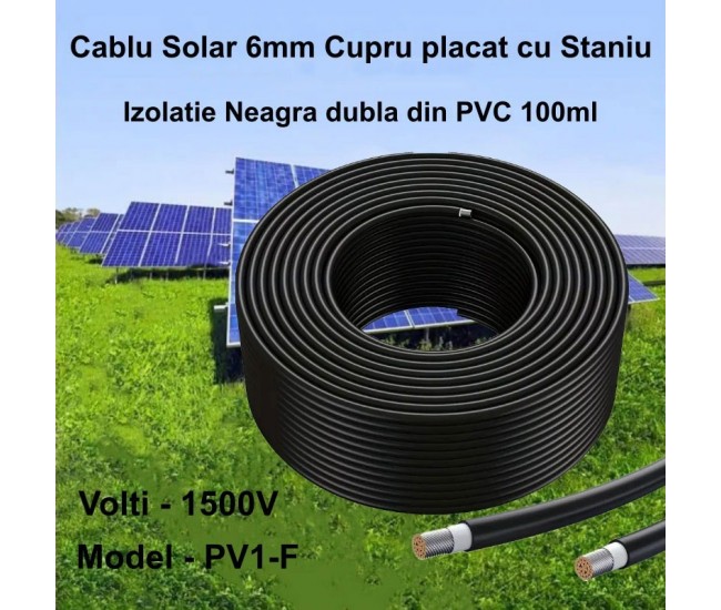 Cablu Solar 6mm Negru PV1-F din Cupru placat cu Staniu si Izolatie Dubla din PVC, 100ml/Rol
