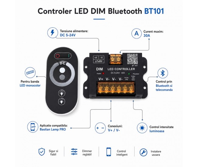 Controler LED DIM 5-24V 30A Bluetooth pentru Banda LED Monocolor BT101