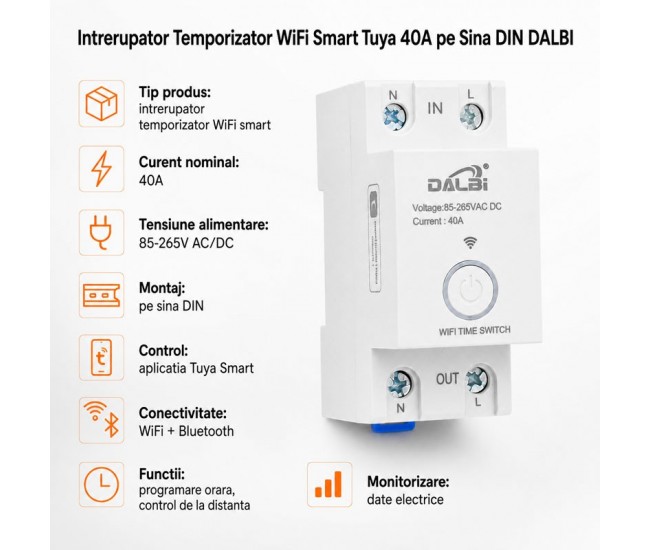 Intrerupator Temporizator WiFi Smart Tuya 40A pe Sina DIN DALBI