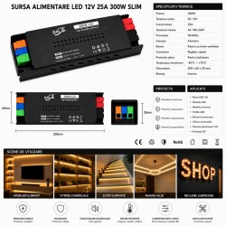 Sursa Alimentare LED 12V 300W 25A Slim cu Conectare Rapida Push-In, Carcasa Aluminiu DALBI