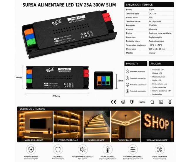 Sursa Alimentare LED 12V 300W 25A Slim cu Conectare Rapida Push-In, Carcasa Aluminiu DALBI