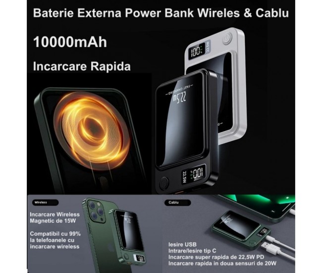 Baterie Externa 22,5W Fast Wireless / Power-Bank 10000mAh