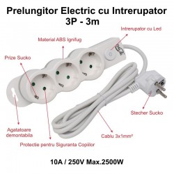 Prelungitor Electric cu Intrerupator, 3 Prize si Protectie Copii, Cablu 3x1mm / 3m Prelungitor Electric cu Intrerupator, 3 Prize si Protectie Copii, Cablu 3x1mm / 3m