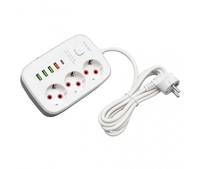 Prelungitor Multifunctional 3 prize - 2m cu 4 x USB 2,1A - PD si Intrerupator