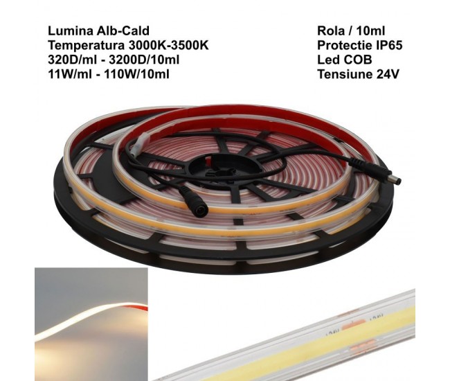 Banda Led 320 Cob - 24V - 10mm Alb-Cald 3500K, IP65 Exterior - Rola/10ml